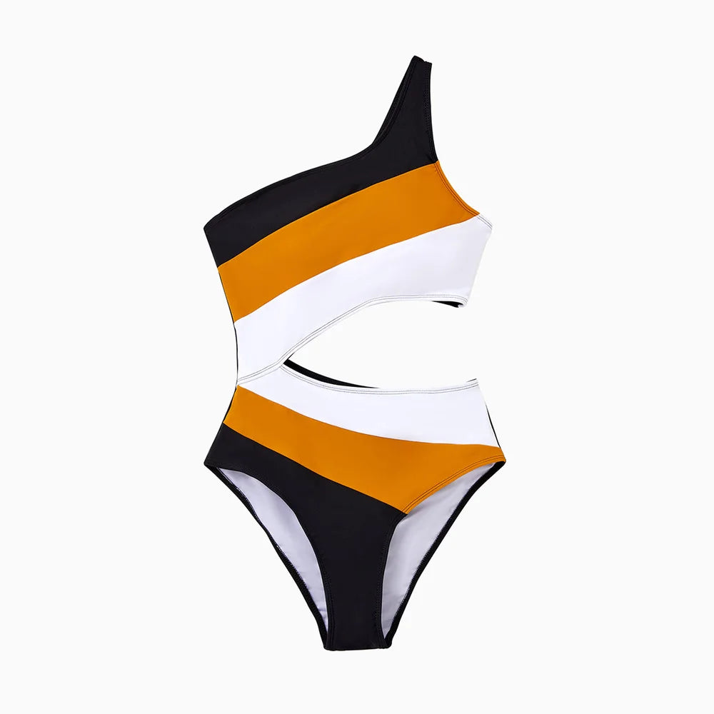 Family Matching Colorblock Swim Trunks Shorts or Cut Out Waist One-Shoulder One-piece Swimsuit