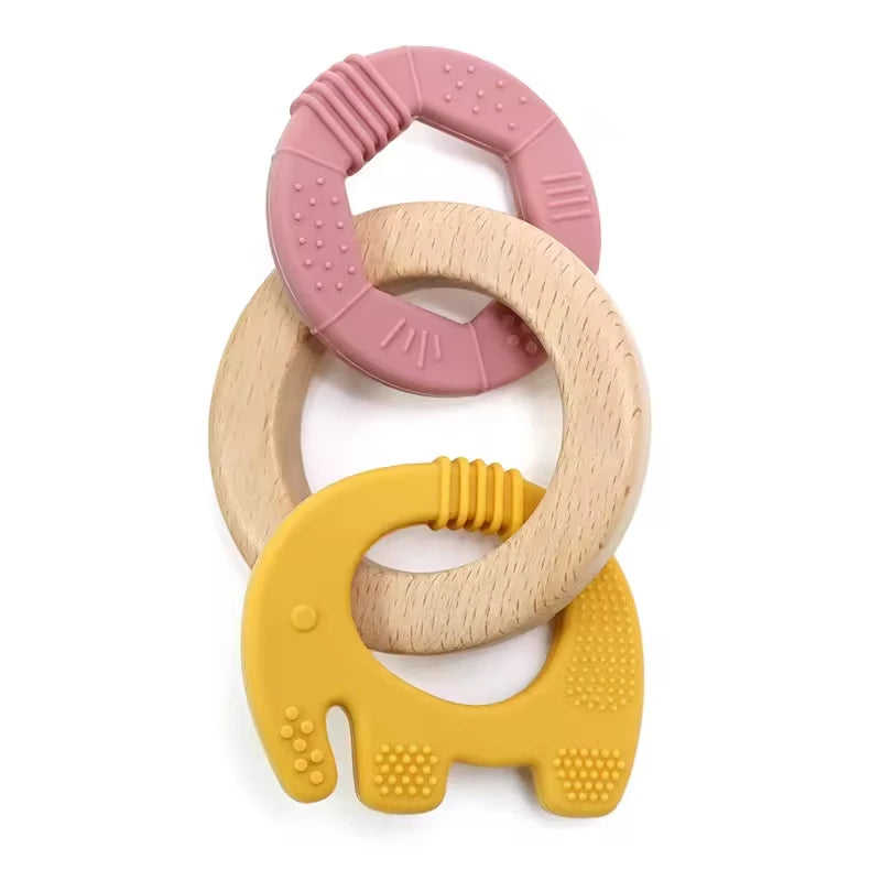 Baby Teething Toys Silicone Wooden Ring Teether BPA Free Cute Elephant Babies Chew Toy for Boys and Girls Newborn Gifts