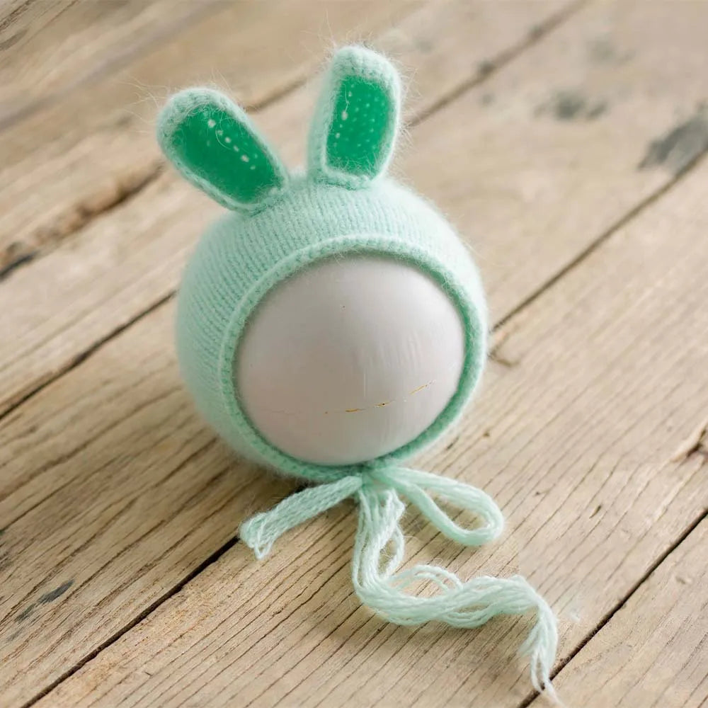 Newborn Photography Props Soft Cotton Stretch Wraps Handmade Knitted Hat Bunny Doll Studio Baby Green Theme Shooting Accessories