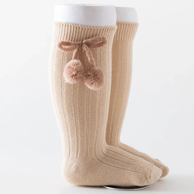 Baby Socks Solid Cotton Soft Long Princess Socks with Cute Pom-Pom Bow Decor Boy Girls Stretchy Warm Cozy Casual Socks Stockings