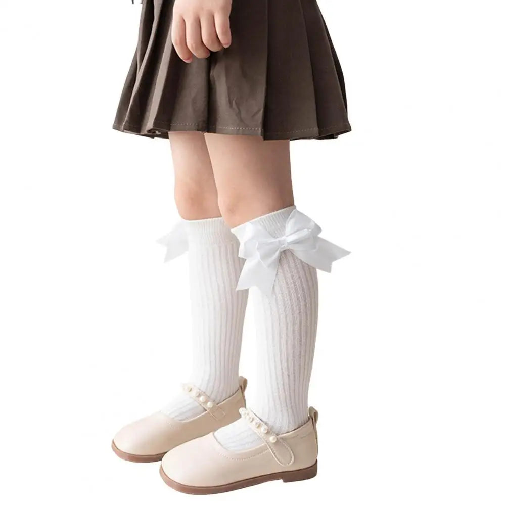 Cute Cartoon Kids Stockings Bow Knee High Cotton Socks Cotton Long Socks Breathable Mid-Calf Socks for Toddler 3-12Y