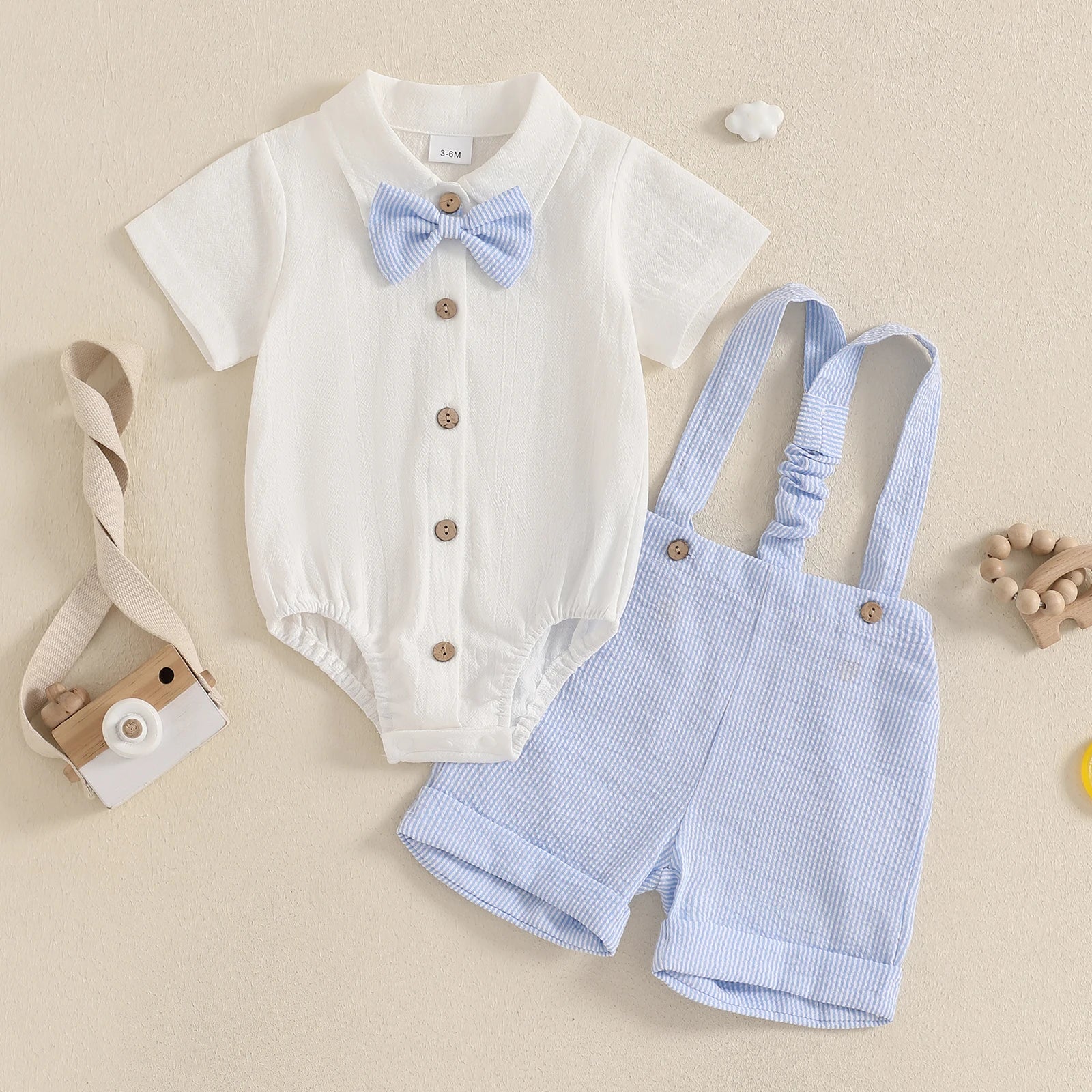 Baby Boy Gentleman Outfit Solid Color Short Sleeve Lapel Neck Romper with Stripe Suspender Shorts Bowtie Boys Summer Clothes