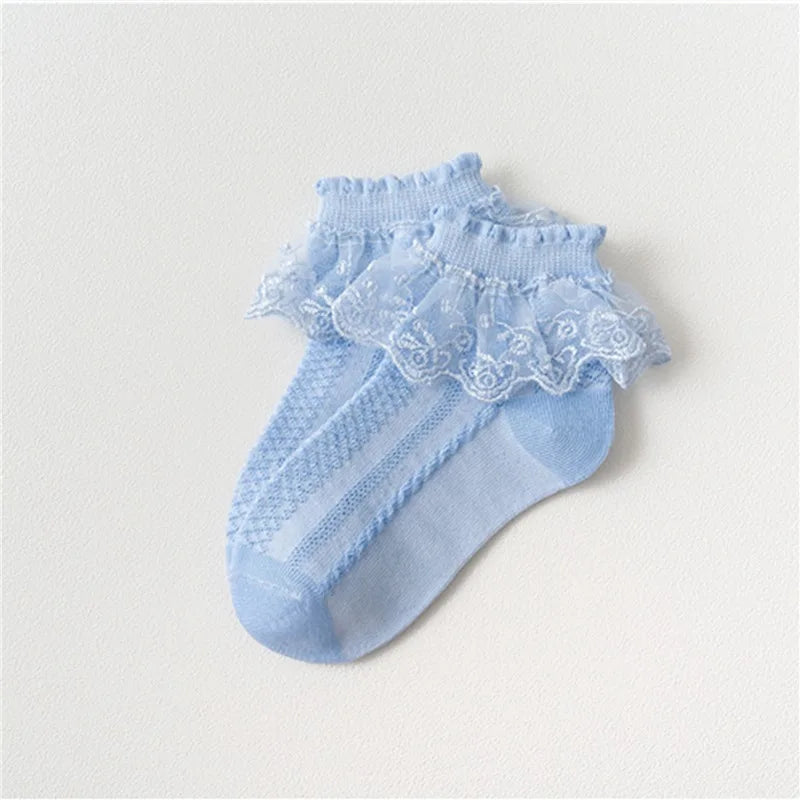 2Pairs Cotton Lace Ruffle Princess Mesh Breathable Socks Children Ankle Short Sock White Pink Blue Baby Girls Kids Toddler