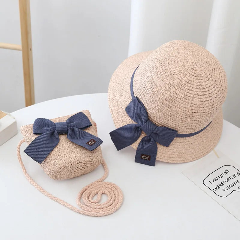 Summer Baby Girls Straw Hat And Shoulder Bag 2pcs Set Parent-child Wide Brim Lace Holiday Beach Sun Hats Outdoor Bucket Cap