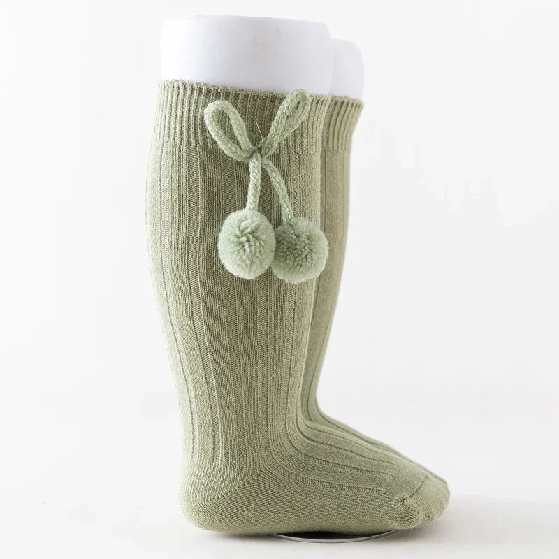 Baby Socks Solid Cotton Soft Long Princess Socks with Cute Pom-Pom Bow Decor Boy Girls Stretchy Warm Cozy Casual Socks Stockings