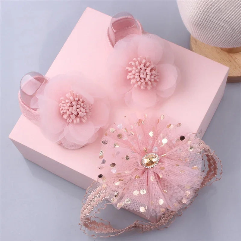 Baby Headband Socks Sets Sequin Bow Hairbands Pink Mesh Flower Newborn Boat Sock Princess Girls Headwear Kids Hair Accessories