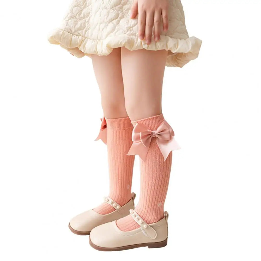 Cute Cartoon Kids Stockings Bow Knee High Cotton Socks Cotton Long Socks Breathable Mid-Calf Socks for Toddler 3-12Y