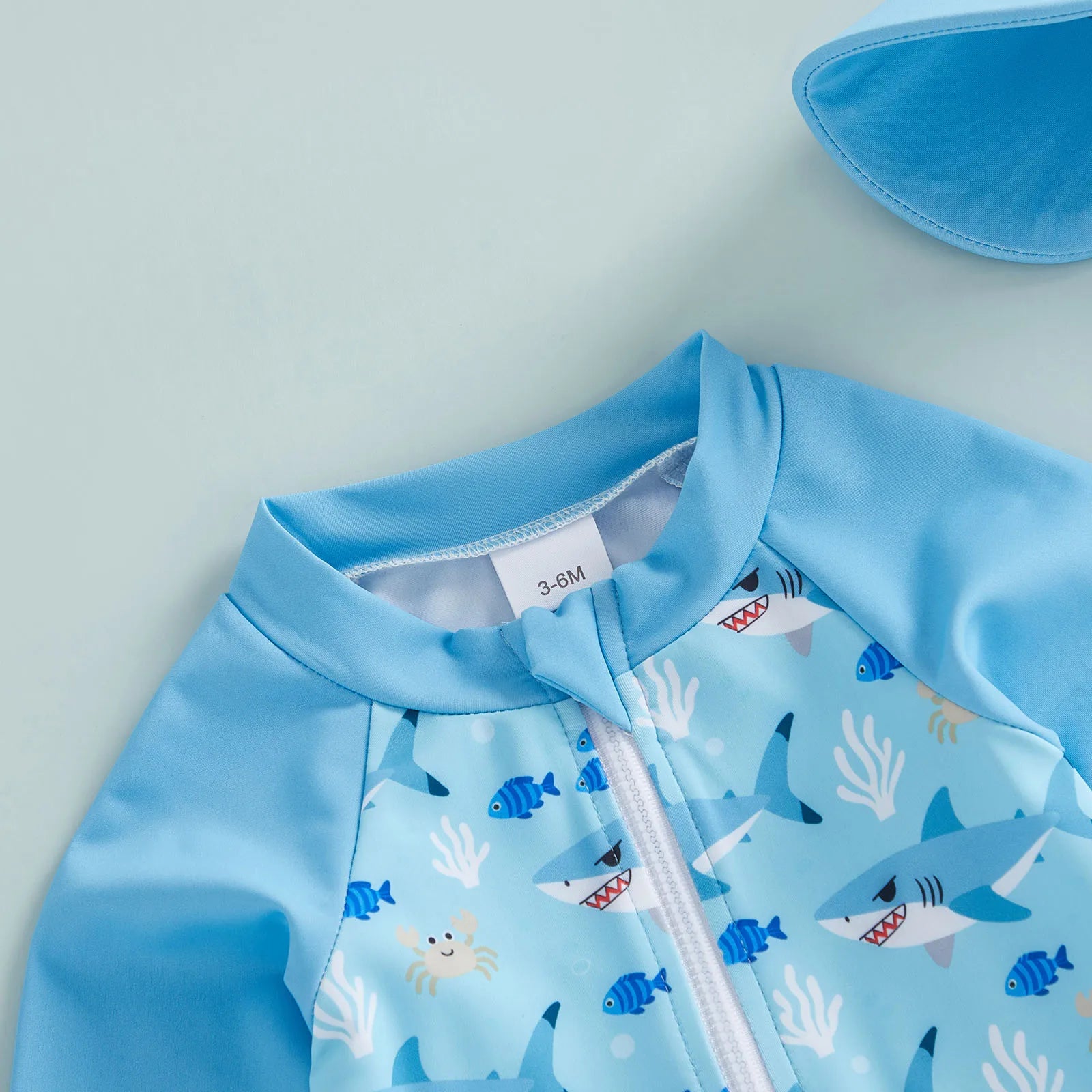 Toddler Baby Boy Rash Guard Swimsuits Cartoon Shark/Duck Print Long Sleeve Zip Up Bathing Suit with Sun Caps Summer Swimwear
