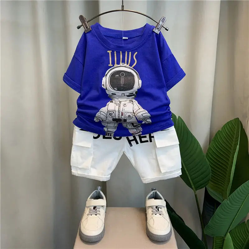 Korean Children's Clothes 2025 Summer Kids Clothes Boys Casual Suit Baby Outdoor Clothes T-shirt + Letter Shorts Two Pieces Set