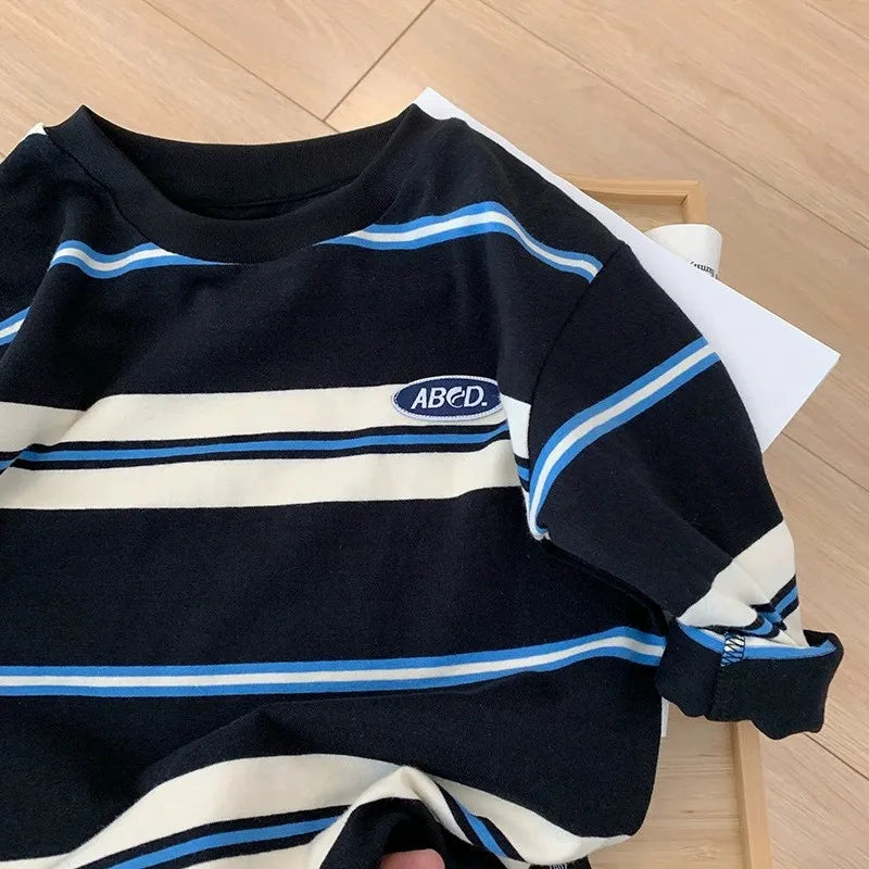 2025 Spring Autumn Kids Boys T-shirts Cotton Striped Loose Sticker Casual Long Sleeve Baby Girls Shirts Toddler Boys Tops