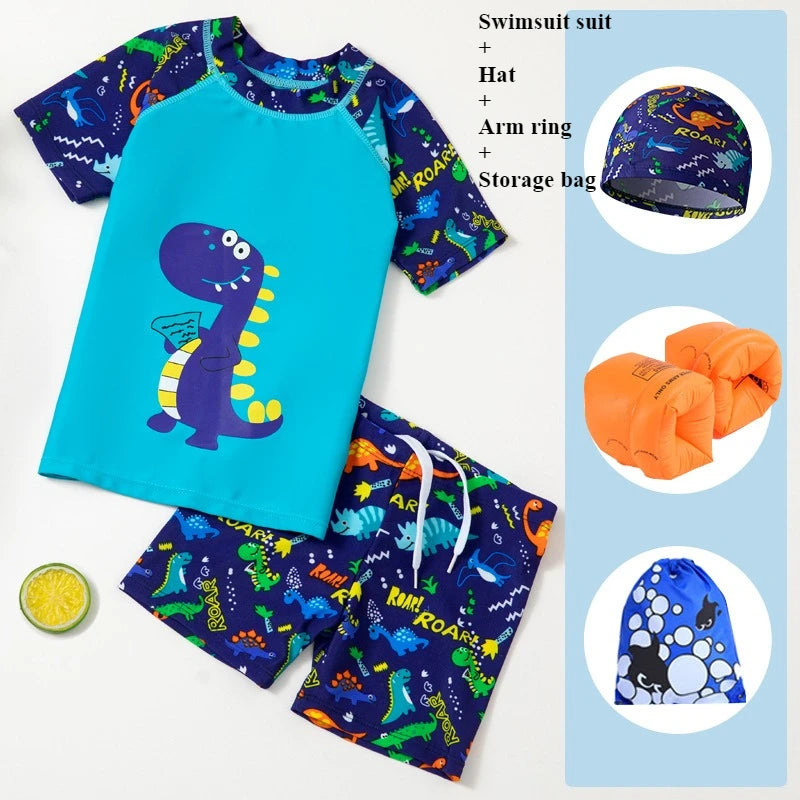 2025 Kids Boys Girls Swimwear Set Clothes Children Cartoon Print Separates Matching Summer Beach Vacation Outfit Casual Wear