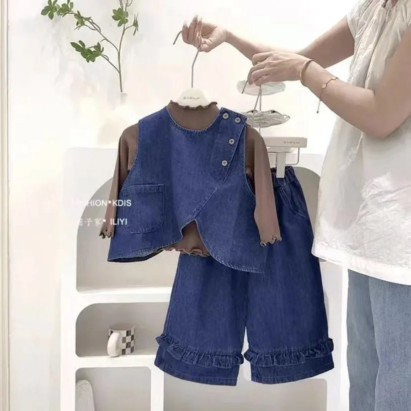 Korean Kids Girl 3PCS Clothing Autumn Children Girl Soft Solid Undershirt+Vest+Jeans Outfit Little Girl Wide Leg Pant Denim Suit