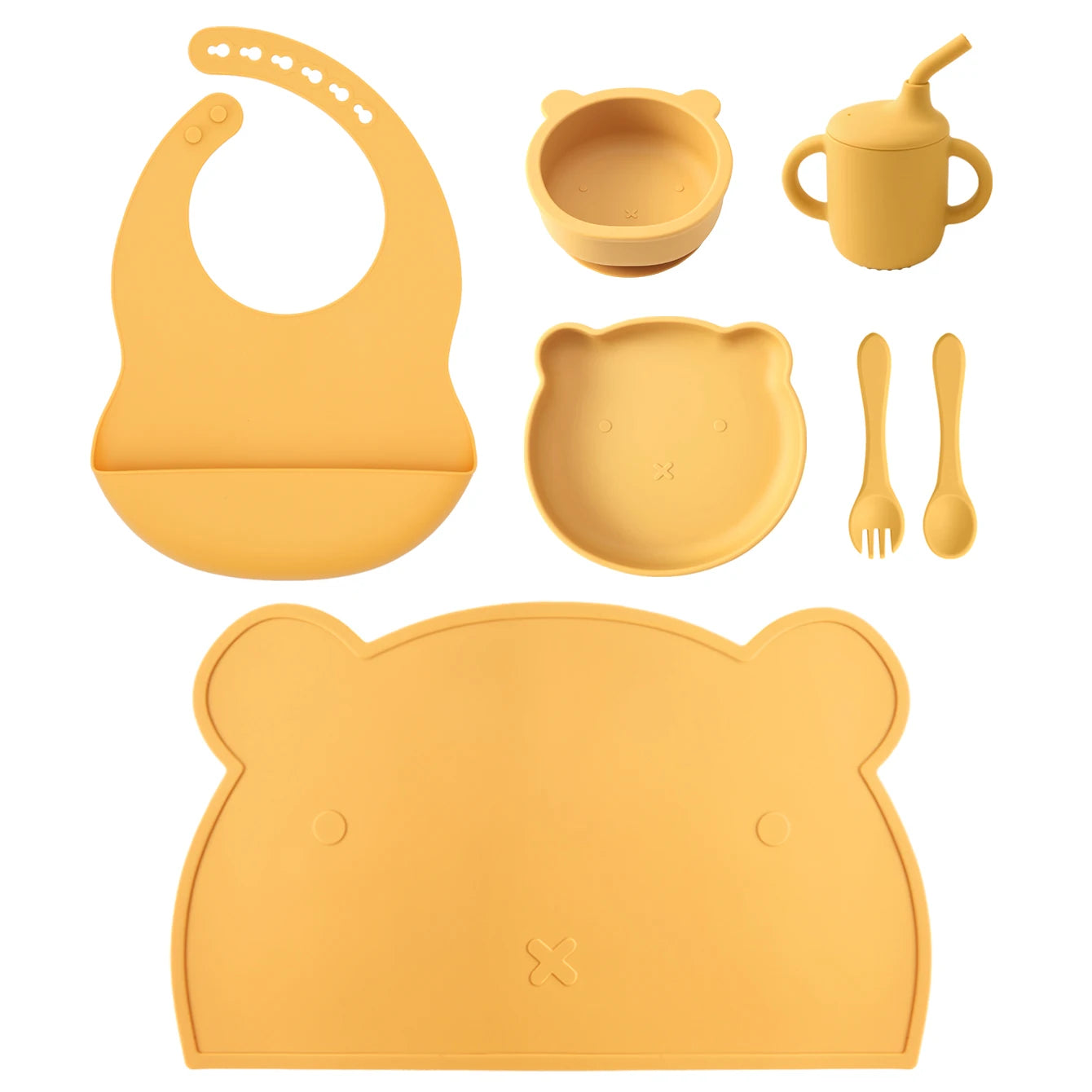 7PCS Silicone Baby Feeding Set Cartoon Plates Suction Bowl Straw Cup BPA Free Toddler Tableware Self Feeding Essentials