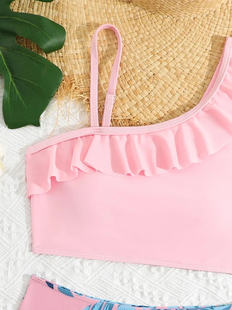 Bikini Girls Kids Swimsuit 2025 New Print Sloid Ruffle Sling Children Swimwear Summer Two Piece High Waist Beach Bathing Suits