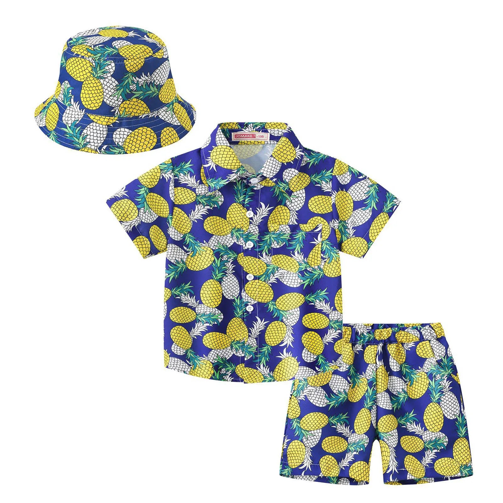Kids Boys Summer Beach Clothes Set Hawaiian Outfits Print Short Sleeve Shirt with Shorts Bucket Hat Pool Swimwear Beachwear