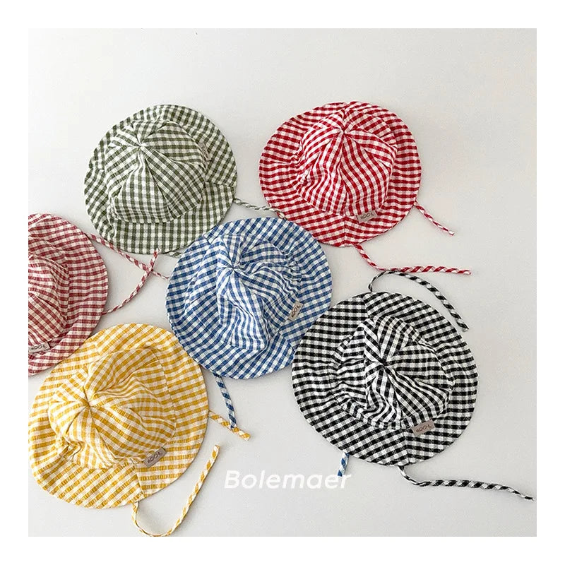 Wide Brim Summer Sun Hat For Baby Plaid Print Fisherman's Hat Children Cotton Bucket Cap For Boys Baby Girls Sunhat Kids Bonnet