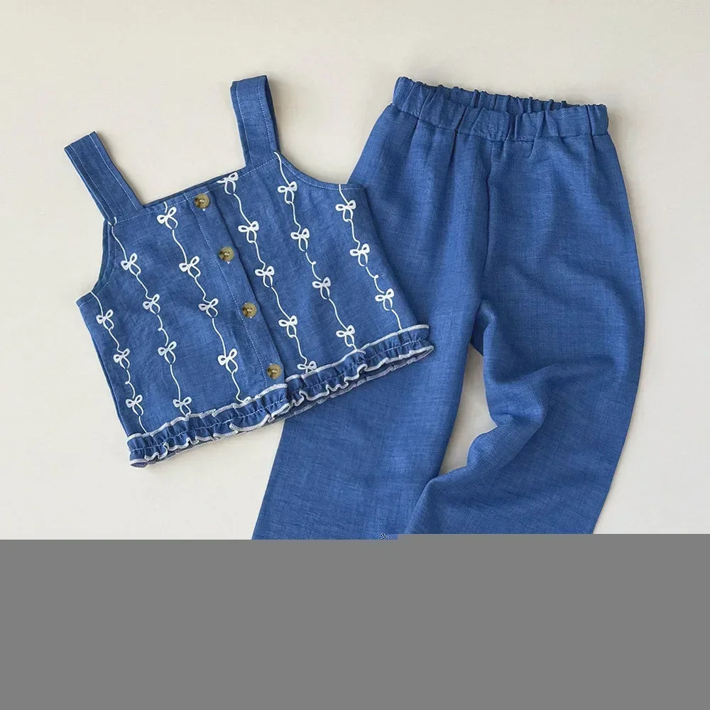 Summer New 2025 Baby Girls Suits Imitation Denim Bow Print Sleeveless Tops and Pants Two-piece Set Casual Children Clothing