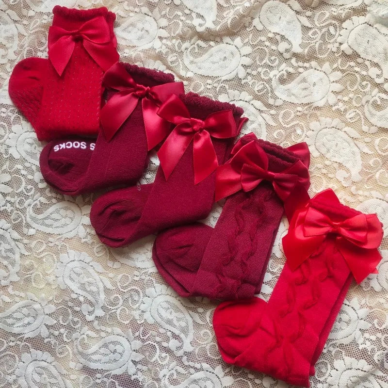 Baby's Christmas Red Socks Sweet Big Bows Knee High Princess Sock for Infant Holiday Atmosphere Cotton Mesh Breathable Long Sock