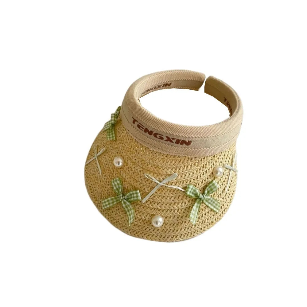 Bowknot Kids Summer Straw Hat Wide Brim UV Protection Large Brim Sun Visor Cap Comfortable Breathable Empty Top Baseball Cap