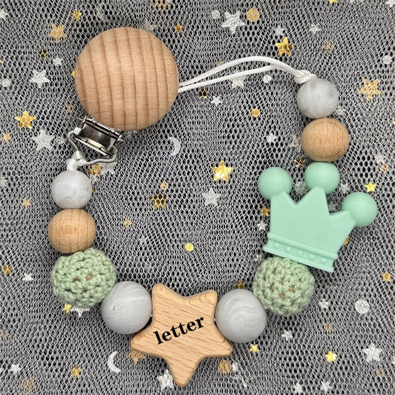 Custom Name Silicone Beads Wooden Ring Pacifier Clips Safe Teething Chains Baby Teether Eco-friendly Dummy Beech Clips Holder
