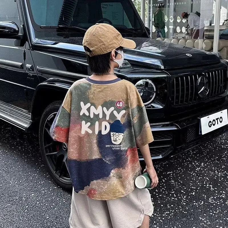 Summer Boys T-shirt High Quality Sweat Wicking Breathable Top Digital Spray Printed Children's Clothing High Street Kids Clothes