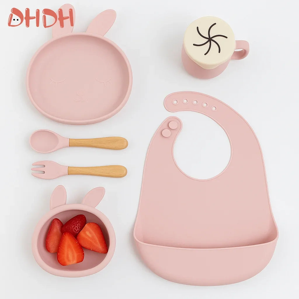 Baby Feeding Set | Silicone Bowl with Suction, Bib, Cup, Fork & Spoon | Infant Tableware Kids Plate BPA-Free Baby Dishes Set