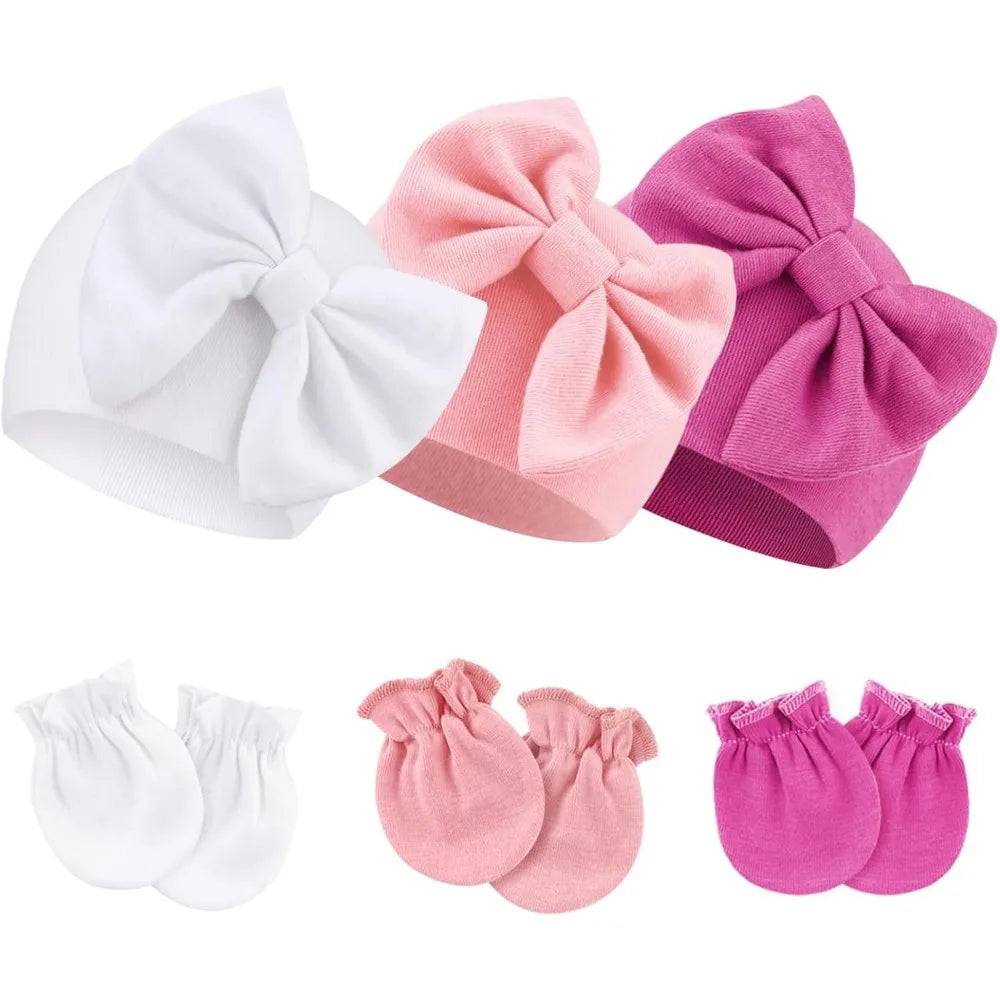 6Pcs/Set Newborn Bow Baby Hat & Scratch Mittens Set, Baby Cute Covered Hat, Headwear Accessories, Perfect Gift for Baby's Birth