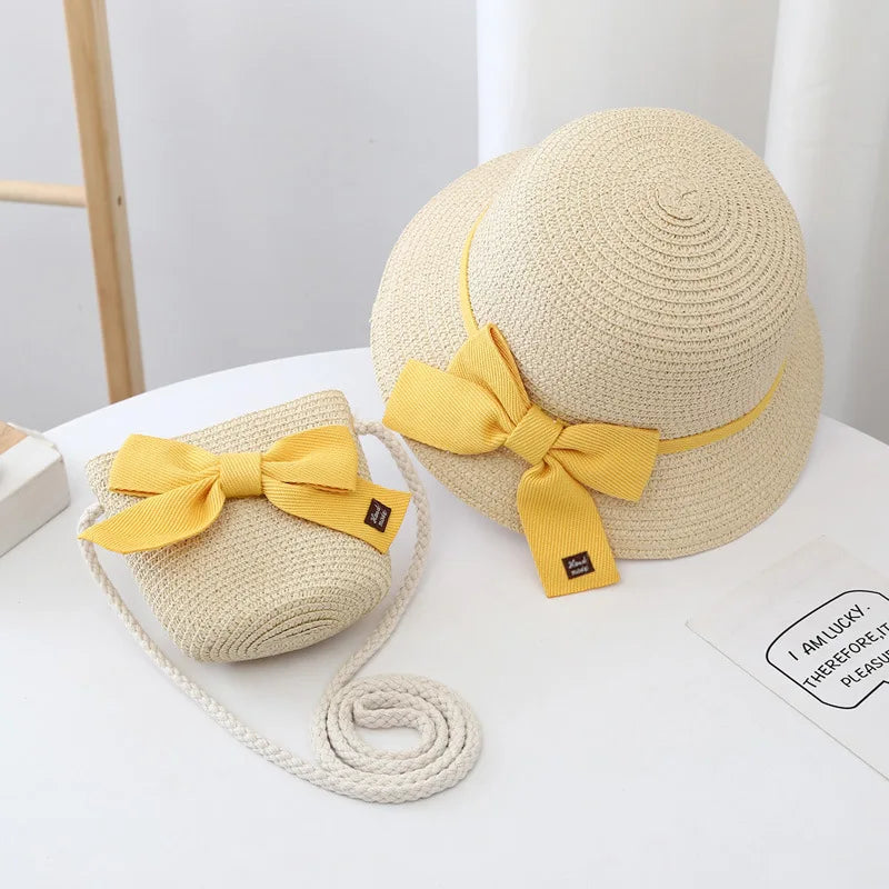 Summer Baby Girls Straw Hat And Shoulder Bag 2pcs Set Parent-child Wide Brim Lace Holiday Beach Sun Hats Outdoor Bucket Cap