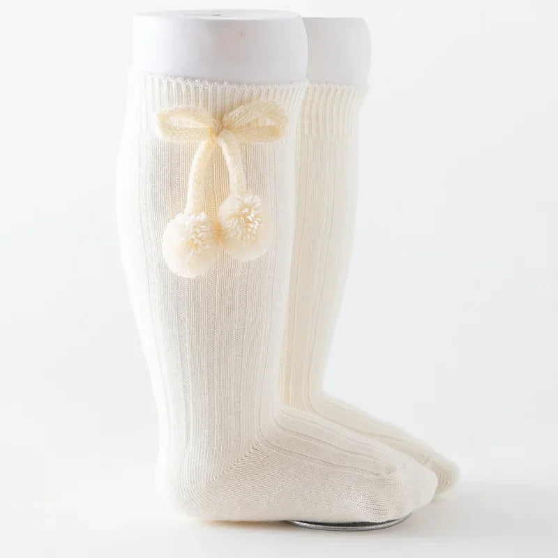 Baby Socks Solid Cotton Soft Long Princess Socks with Cute Pom-Pom Bow Decor Boy Girls Stretchy Warm Cozy Casual Socks Stockings