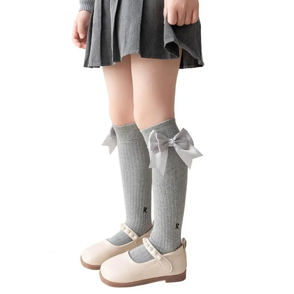 Cute Cartoon Kids Stockings Bow Knee High Cotton Socks Cotton Long Socks Breathable Mid-Calf Socks for Toddler 3-12Y