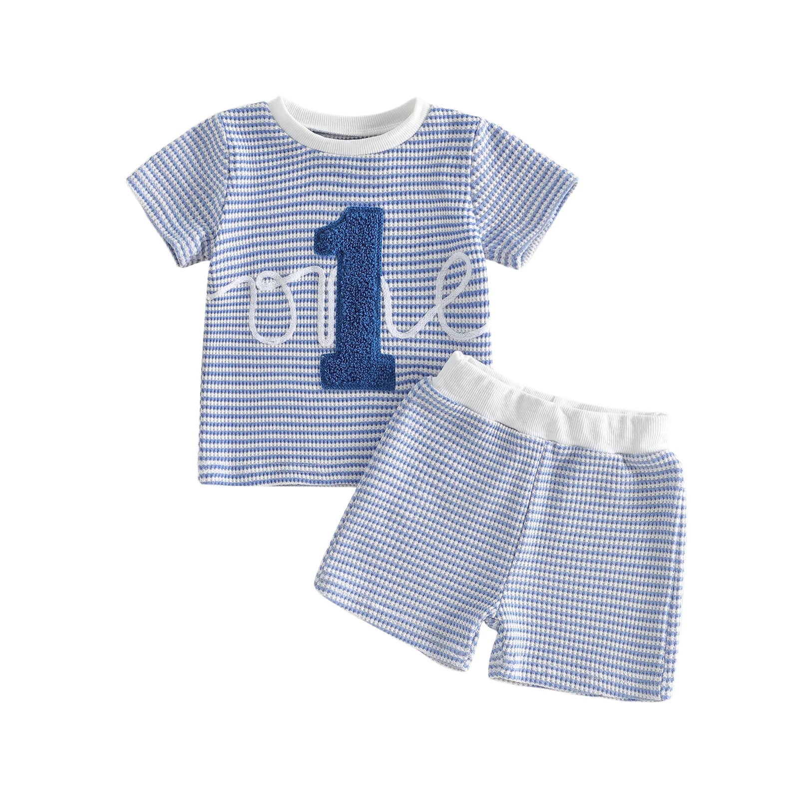 Baby Boys First Birthday Outfits Adorable Number Embroidery Striped Short Sleeve Round Neck Tops and Shorts Set