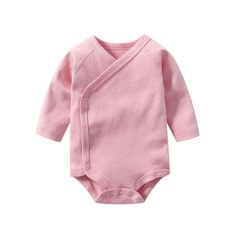 Newborn Baby Bodysuit 0 To 3 Months 100% Cotton Slanting Open Button Solid Color Long Sleeve Jumpsuits Baby Boy Girl Clothes