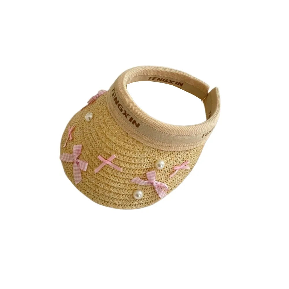 Bowknot Kids Summer Straw Hat Wide Brim UV Protection Large Brim Sun Visor Cap Comfortable Breathable Empty Top Baseball Cap