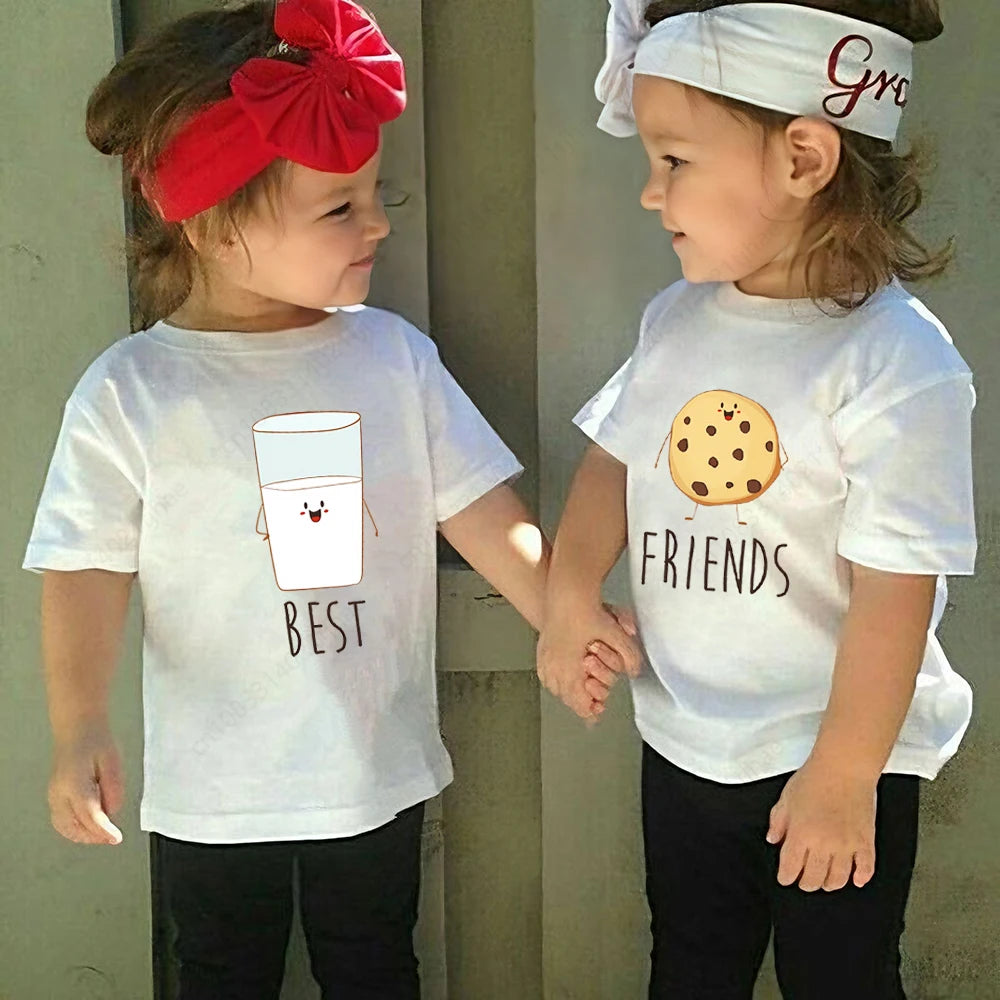 Funny Best Friend Twins Kids T-shirt for Baby Sandwich and Hamburger Food Tshirt Casual Shirt Tops Twins Brother Sister Tees