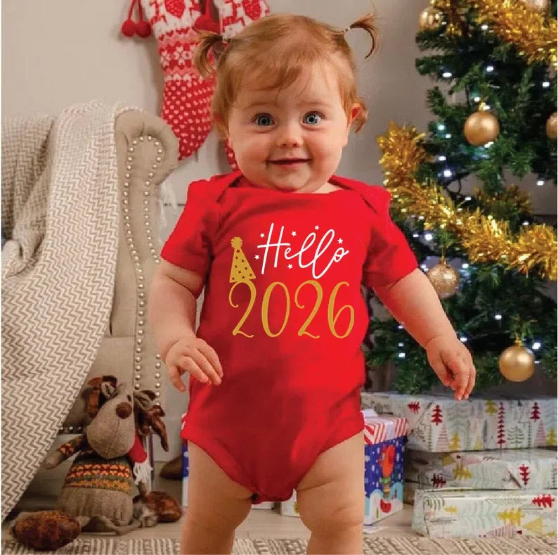 Hello 2026 Newborn Baby Bodysuit Cotton Short Sleeve Infant Rompers Body Baby Boys Girls New Year Ropa Clothes Christmas Gift