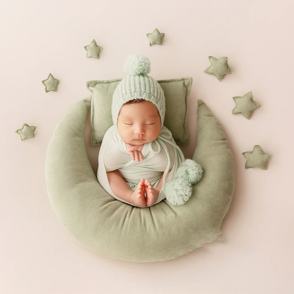 Newborn Photography Props Soft Cotton Stretch Wraps Handmade Knitted Hat Bunny Doll Studio Baby Green Theme Shooting Accessories
