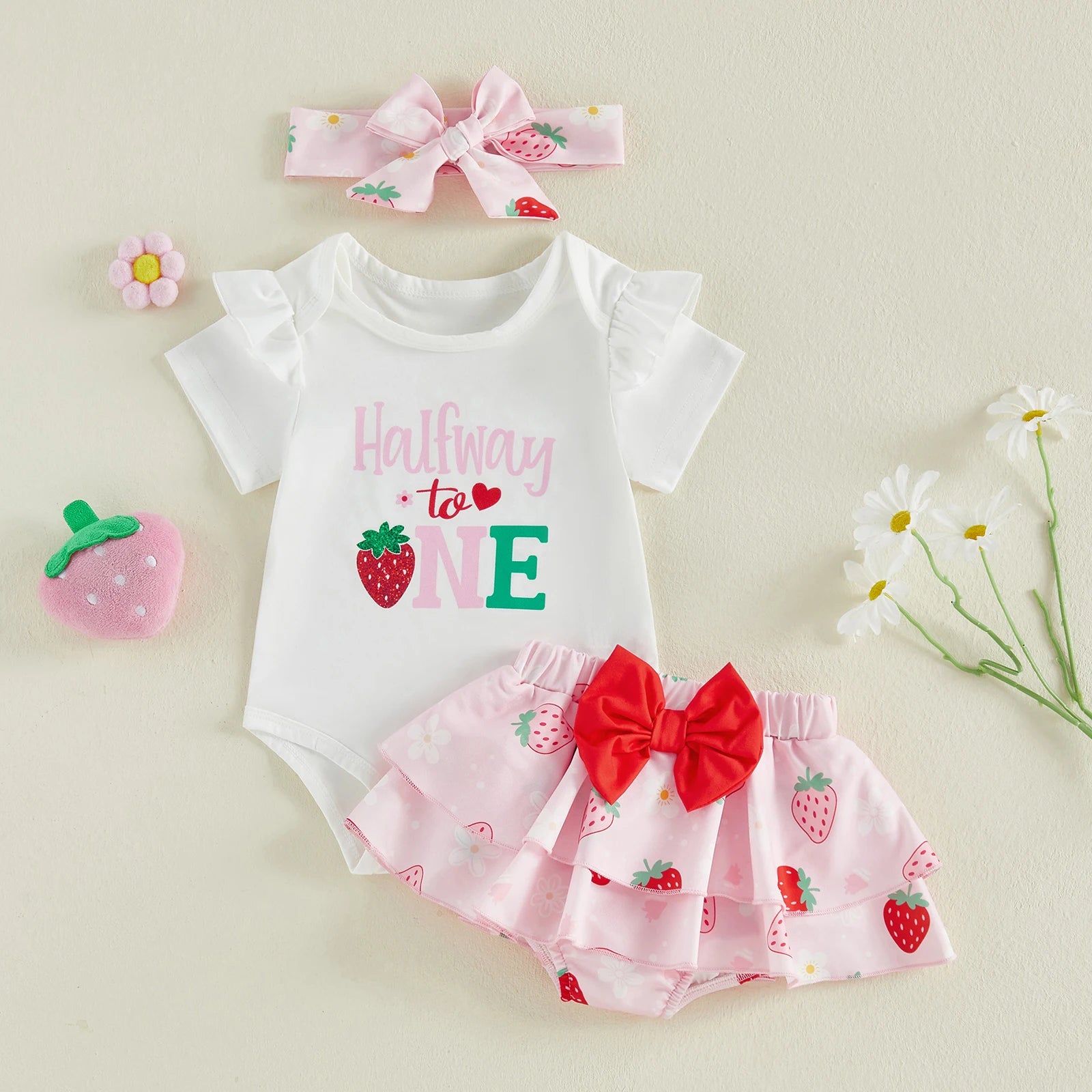 Summer Infant Girl Birthday Outfit Ruffle Short Sleeve Letters Print Romper Elastic Waist Skorts Headband Clothes