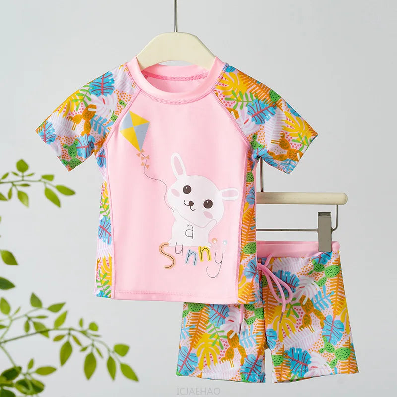 2025 Kids Boys Girls Swimwear Set Clothes Children Cartoon Print Separates Matching Summer Beach Vacation Outfit Casual Wear