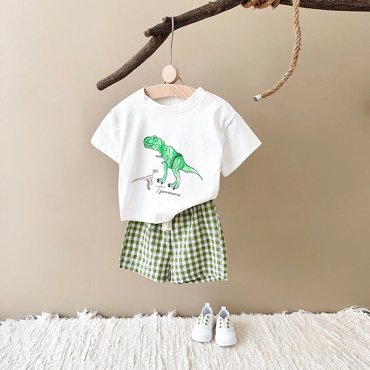 New Baby Clothes Set Infant Dinosaur Print Top+Grid Shorts Baby Boys Girls Casual Baby Set Newborn Summer Baby Clothes 2Pcs/Sets