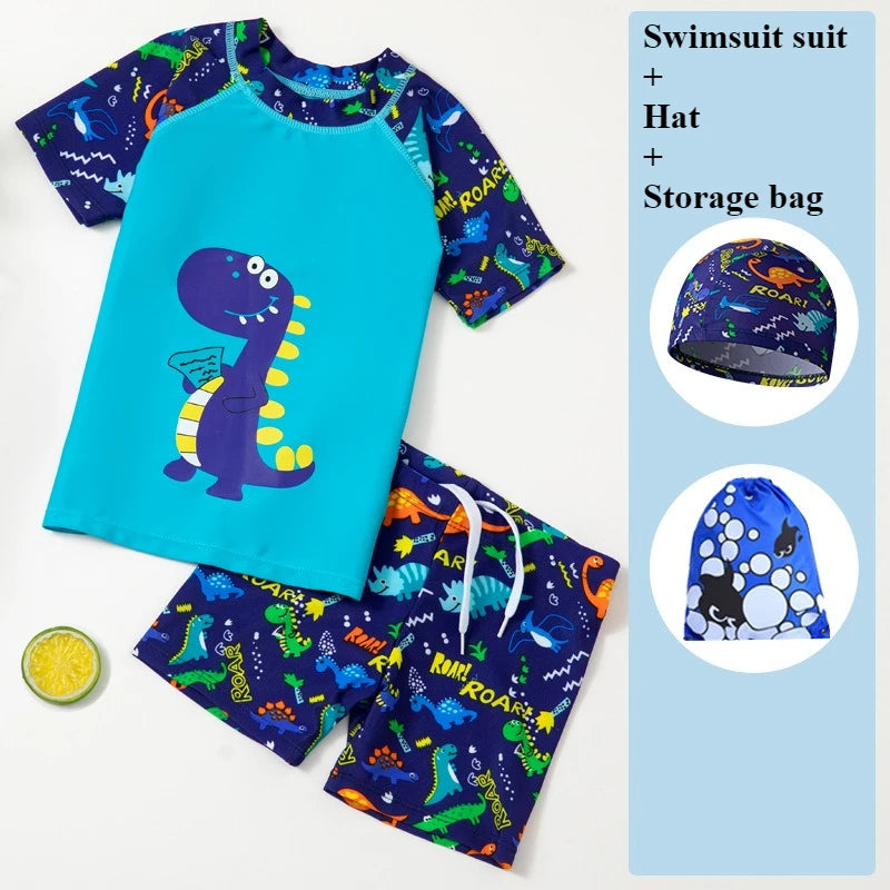 2025 Kids Boys Girls Swimwear Set Clothes Children Cartoon Print Separates Matching Summer Beach Vacation Outfit Casual Wear