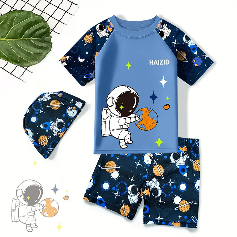 Summer New Beach Play Boys And Girls Neutral Swimsuit Suit Top + Pants + Swimming Cap Casual Cute Print Three-piece Set