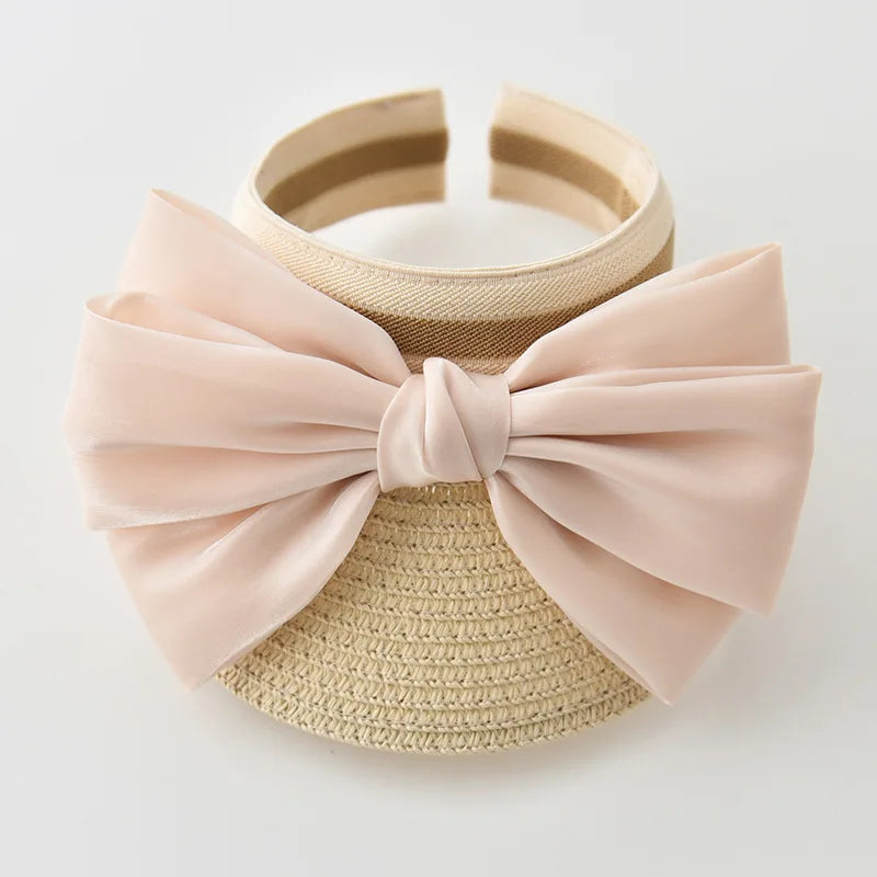 Fashion Ribbon Big Bow Kids Summer Empty Top Casual Sun Hat Outdoor Travel Beach Straw Caps Holiday Girls Wide Brim Visor Cap