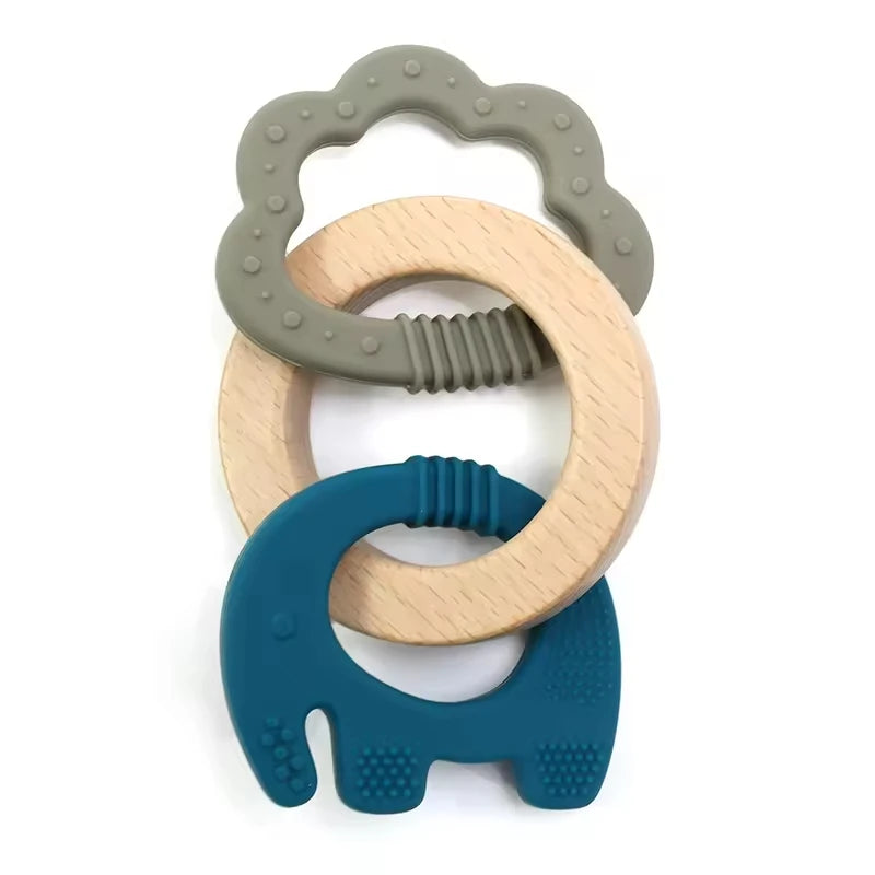 Baby Teething Toys Silicone Wooden Ring Teether BPA Free Cute Elephant Babies Chew Toy for Boys and Girls Newborn Gifts