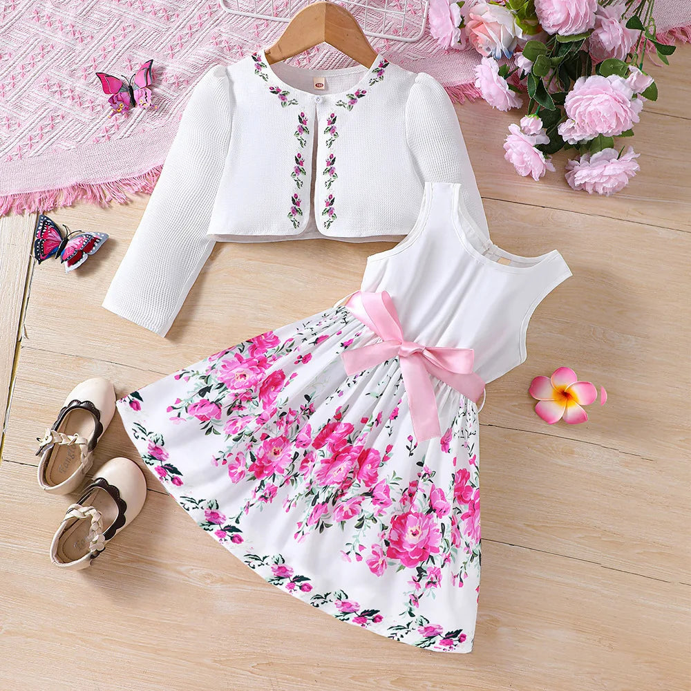 Kids Casual Clothing Sets Outfits For Girls Spring Summer Toddler Floral Print Long Sleeve Coat Tank Dress Children Clothes