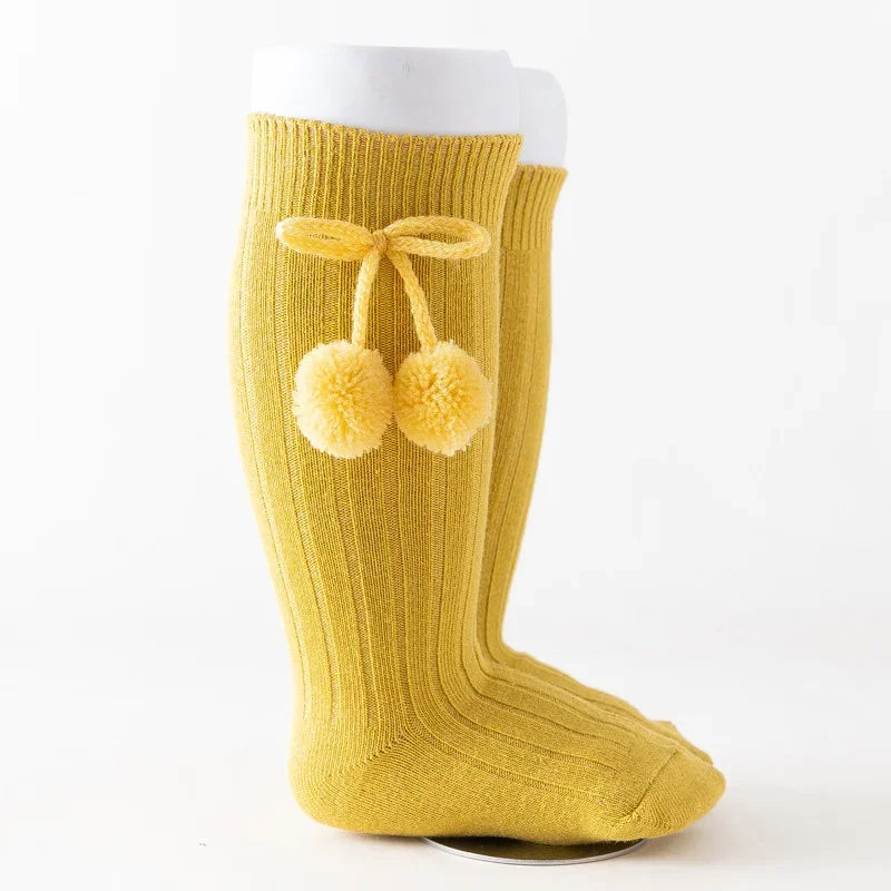 Baby Socks Solid Cotton Soft Long Princess Socks with Cute Pom-Pom Bow Decor Boy Girls Stretchy Warm Cozy Casual Socks Stockings