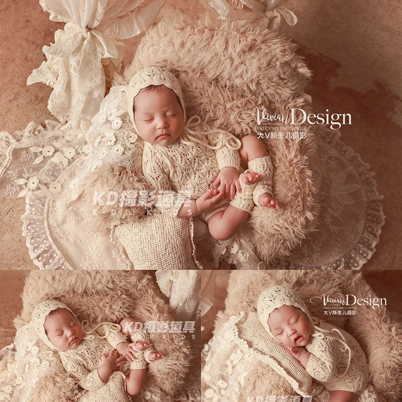 Vintage Style Newborn Photography Outfit Baby Knit Jumpsuit Romper + Hat + Socks for Photoshooting, Christening, Baby Shower