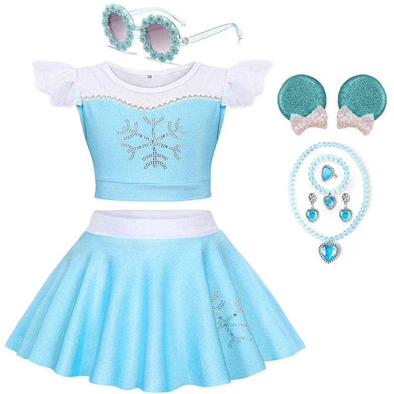 Summer Kids Girls Two Piece Elsa Beach Bikini Swimsuit 2025 Kids Rapunzel Jasmine Swimwear  Child Swimming Outfits Ruffled Skirt
