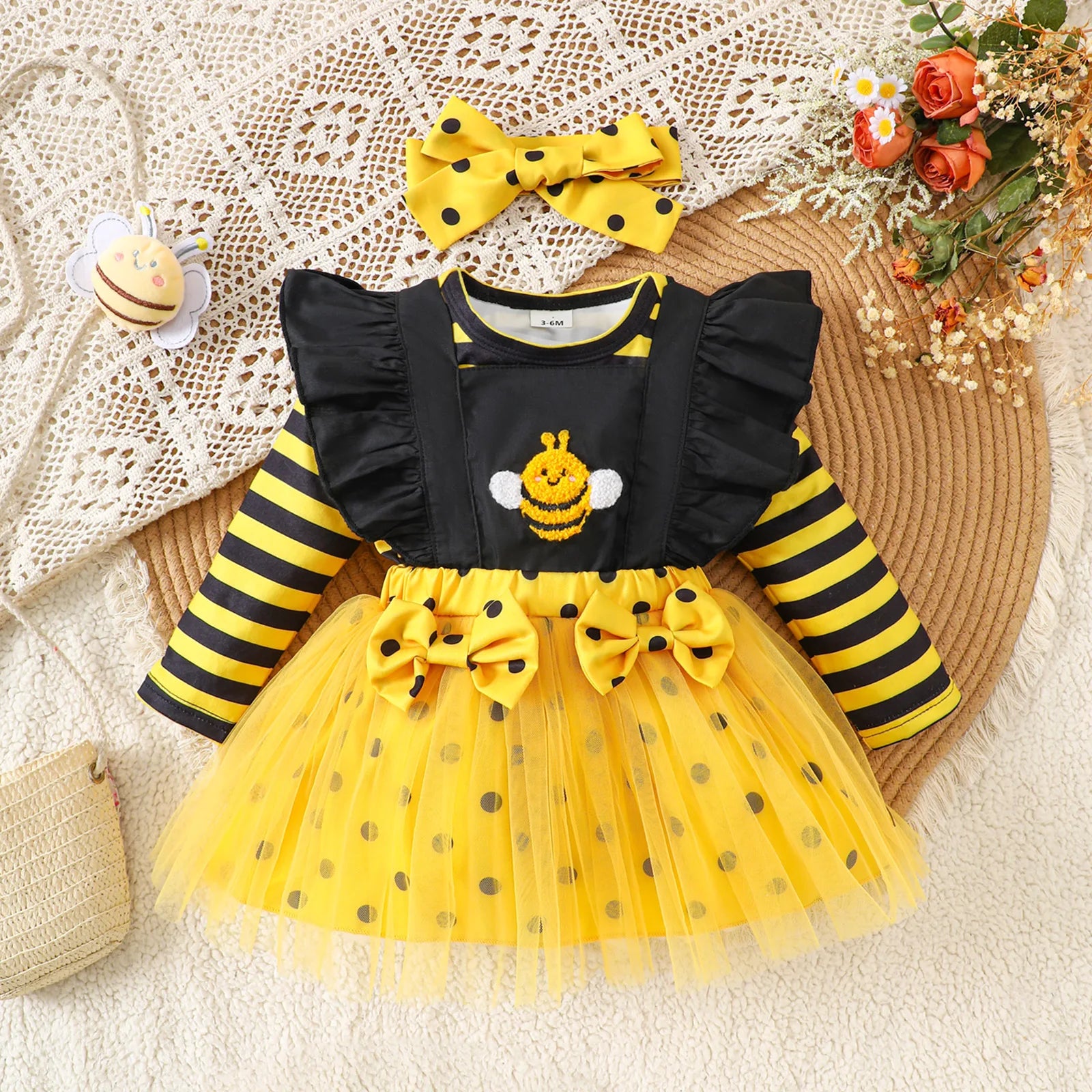 Baby Girl Outfits Long Sleeve Striped Romper Overalls Dress Headband Set Infant Bee Costume Clothes Set