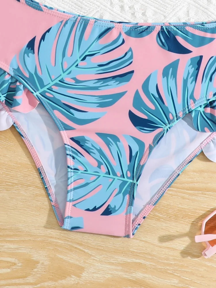 Bikini Girls Kids Swimsuit 2025 New Print Sloid Ruffle Sling Children Swimwear Summer Two Piece High Waist Beach Bathing Suits