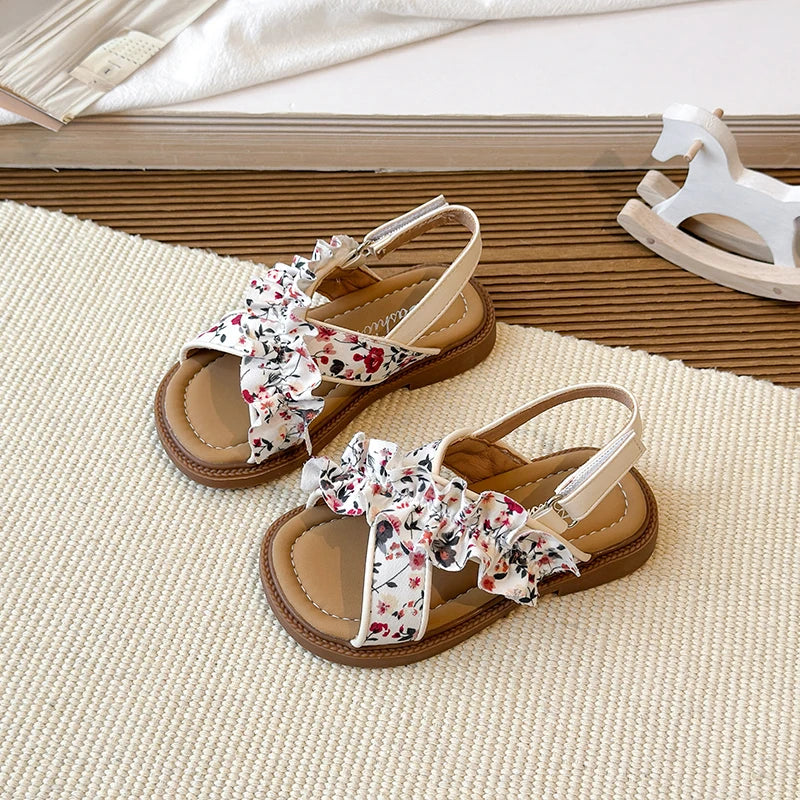 Summer Girl's Sandals Open Toe Flower Hook-loop Chic Kid's Flat Shoe Solid Colors Light Comfy Casual Daily Children Shoes 7-12Y